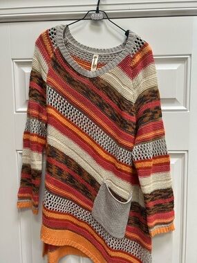 Shoreline Striped Open-Knit Sweater in Orange, Red, Cream and Brown